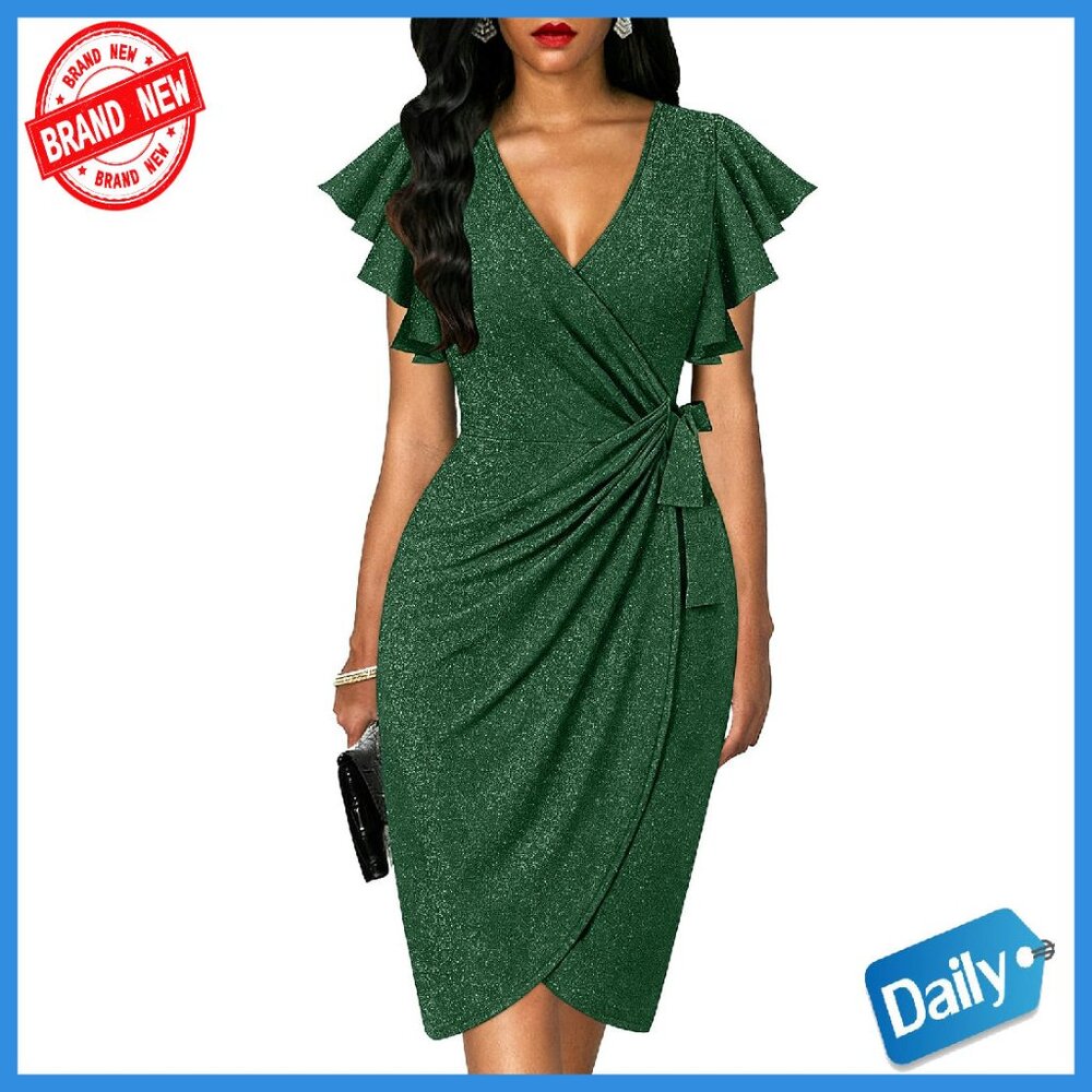 V-Neck Ruffle Sleeve Faux Wrap Dress, Stretchy & Flattering, Cocktail & Work
